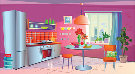 The interior of the kitchen-living room with a lot of furniture and furnishings. Background for various scenes and cartoon characters. Vector illustration