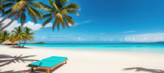 Fototapeta na wymiar Chaise lounge on the shore of a tropical island with palm trees. Generative AI.