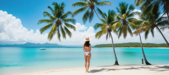 A beautiful brunette woman, dressed in a white swimsuit and a wide-brimmed straw hat, stands on the shore of a tropical island with palm trees, rear view, unrecognizable face. Generative AI.