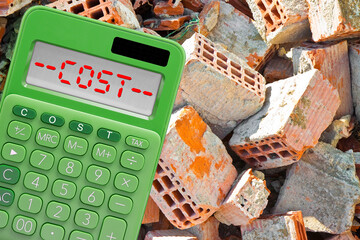 Disposal costs of demolished building materials - waste management concept with concrete and brick...