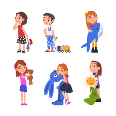 Little Boy and Girl Holding Favorite Toy Vector Set