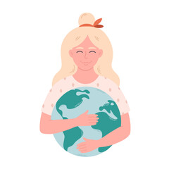 Woman hugging Earth globe. Earth Day, saving planet, nature protect, ecological awareness. Hand drawn vector illustration