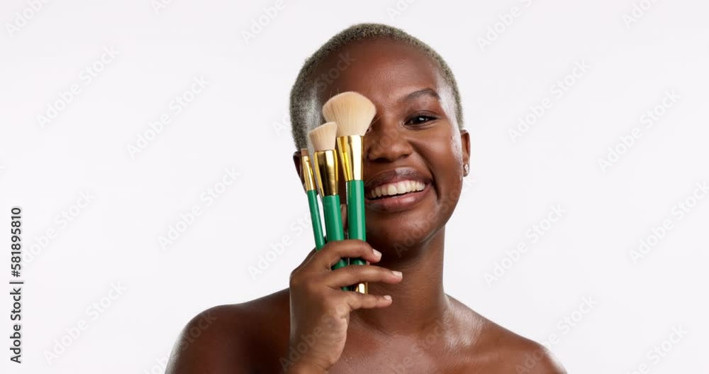 Poster Beauty, makeup and smile with black woman and brush for foundation, blush and self care. Product, cosmetics and natural with portrait of girl model isolated on white background for treatment and glow