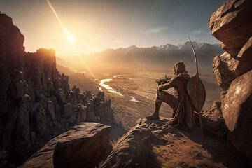 A skilled archer perched on a rocky cliff, stunning landscape and the archer's impressive range. golden hour glow, with sun setting behind the archer and casting soft, warm light across the scene.Ai