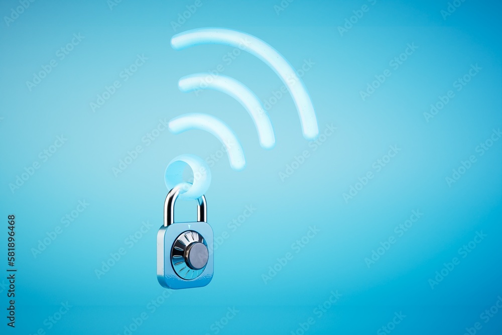 Aufkleber password from wi-fi. a wi-fi icon on which hangs a combination lock on a blue background. 3d render
