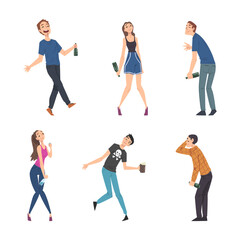 Fototapeta na wymiar Man and Woman with Alcohol Bottle in Hands Drinking Spirits Vector Set