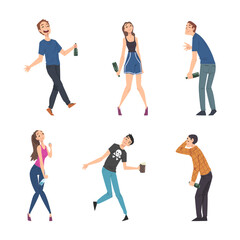 Man and Woman with Alcohol Bottle in Hands Drinking Spirits Vector Set
