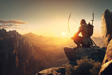 A skilled archer perched on a rocky cliff, stunning landscape and the archer's impressive range. golden hour glow, with sun setting behind the archer and casting soft, warm light across the scene.