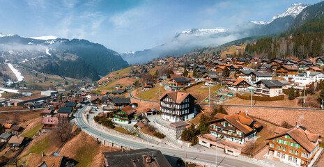 Aerial panorama of the Grindelwald, Switzerland village view near Swiss Alps mountains panorama...