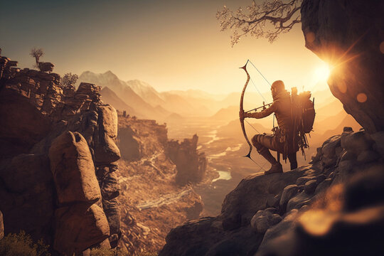 A skilled archer perched on a rocky cliff, stunning landscape and the archer's impressive range. golden hour glow, with sun setting behind the archer and casting soft, warm light across the scene.Ai.
