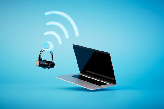 Password from Wi-Fi. an open laptop and a Wi-Fi icon on which there is a combination lock. 3D render
