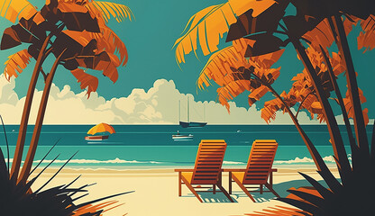 Landscape with palm trees and sea, beach vacation. generative ai tools 