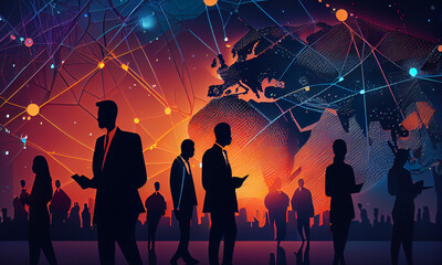 Fototapeta na wymiar Global business connections background illustration. Concept of trade, networks, financial infastructure and internet of things. Male with suits and smart grid data visualization.
