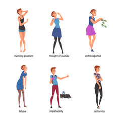 Woman with Bipolar Disorder Symptoms Suffering from Neurological Disease Vector Set