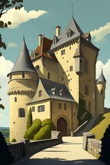 cartoon illustration, chateau de castelnaud chapel dordogne france, generative ai - obrazy, fototapety, plakaty