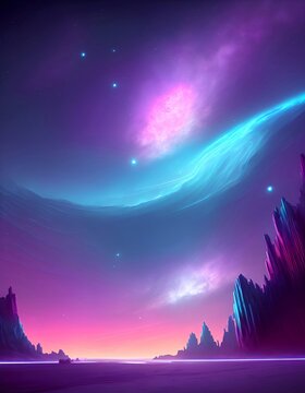 beautiful fantastic alien planet neon sky clouds  seashore background new quality universal joyful colorful universe space  stock image illustration wallpaper design, Generative AI