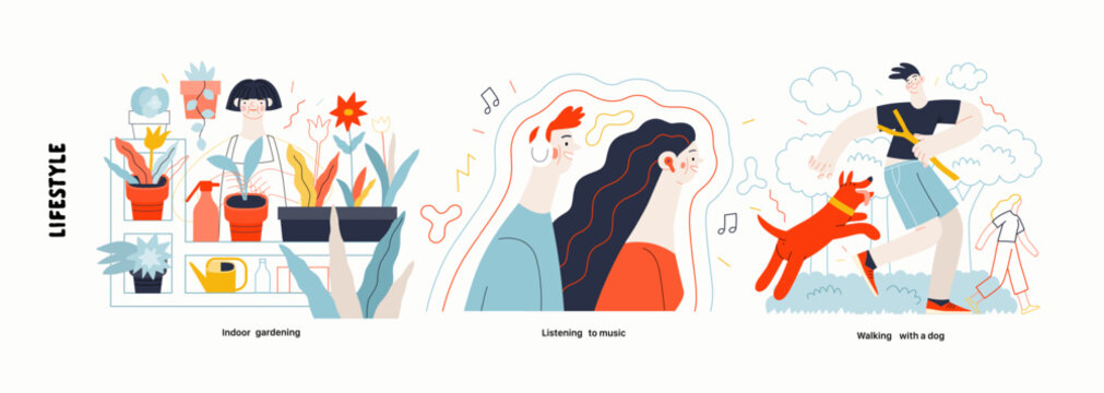 Lifestyle series - modern flat vector illustration of Indoor gardening, Listening to music, Walking with a dog. People activities methapors and hobbies concept