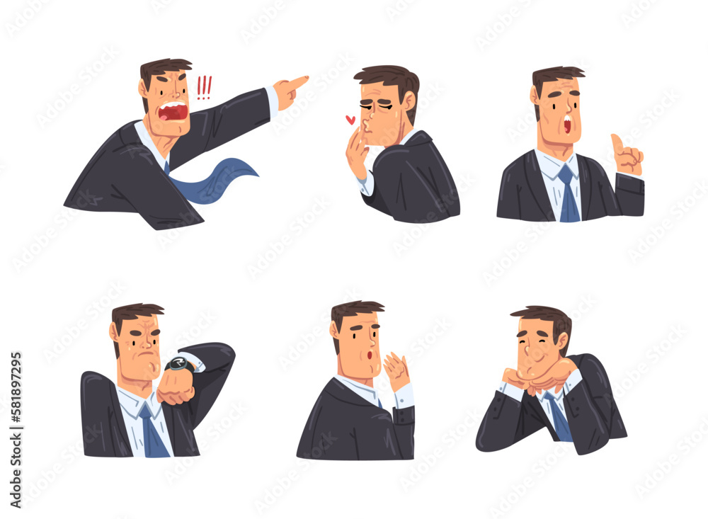 Poster man businessman in suit expressing different emotion vector set