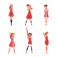 Fototapeta premium Pretty Woman Wearing Red Santa Claus Costume Standing with Beaming Smile on Her Face Vector Set
