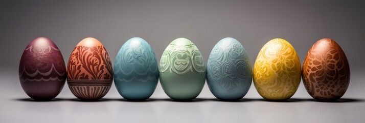 Row of fancy Easter eggs on plain background, generative ai