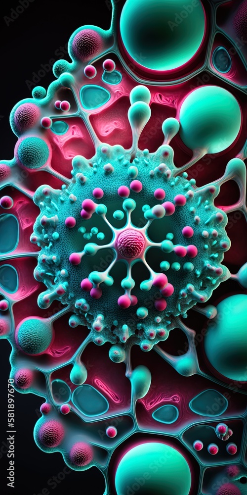 Poster close-up of a molecule's intricate, microbiological structure in a pastel pink and turquoise color s