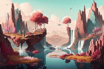 Fantasy Land | A surreal landscape with floating islands, cascading waterfalls, and colorful flora. dreamlike with a soft focus and a pastel color palette.  Ai.