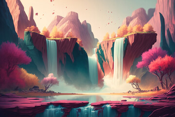 Fantasy Land | A surreal landscape with floating islands, cascading waterfalls, and colorful flora. dreamlike with a soft focus and a pastel color palette.  Ai