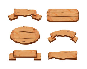 Wooden Empty Signboard Plank of Brown Timber Material Vector Set