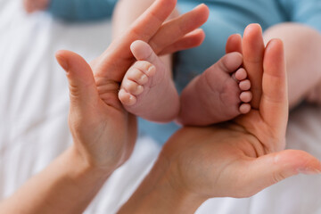 Obraz na płótnie Canvas mom holds baby's small feet close-up