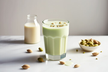 Obraz na płótnie Canvas Glass with pistachio milk on white kitchen background. generative ai tools 