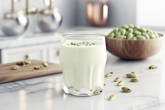 Glass with pistachio milk on white kitchen background. generative ai tools 