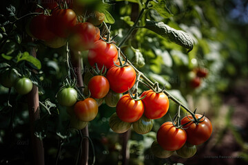 Fototapeta premium Delicious ripe tomatoes in a france garden landscape