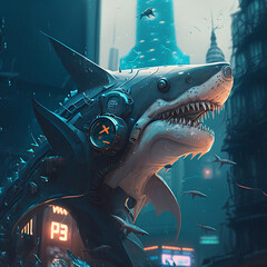 Shark in cyberpunk style in the city.