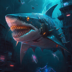 Shark in cyberpunk style in the city.