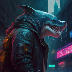 Shark in cyberpunk style in the city.