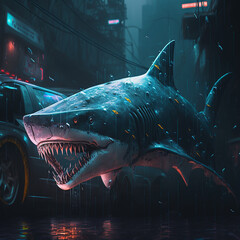 Shark in cyberpunk style in the city.
