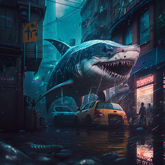Shark in cyberpunk style in the city.