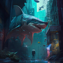 Shark in cyberpunk style in the city.