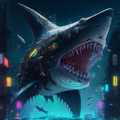 Shark in cyberpunk style in the city.