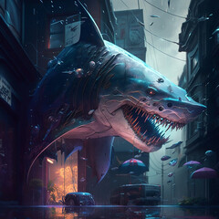 Shark in cyberpunk style in the city.