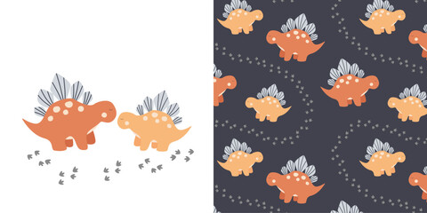 A set of pattern and postcard. Postcard with dinosaurs. Mother and baby dinosaur. Cute dinosaurs