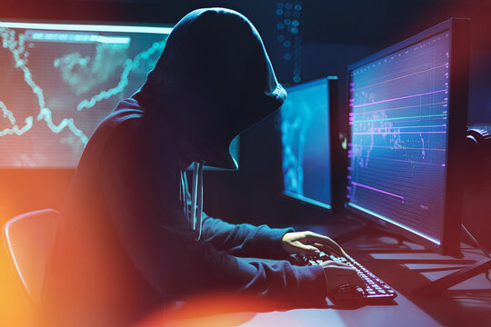 cybersecurity vulnerability Log4J and hacker,coding,malware concept.Hooded computer hacker in cybersecurity vulnerability Log4J on server room background - Generative AI