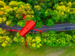 Aerial drone view on the background of trees and nature landscape. The concept of flying a drone, taking photos using a drone, aerial filming.