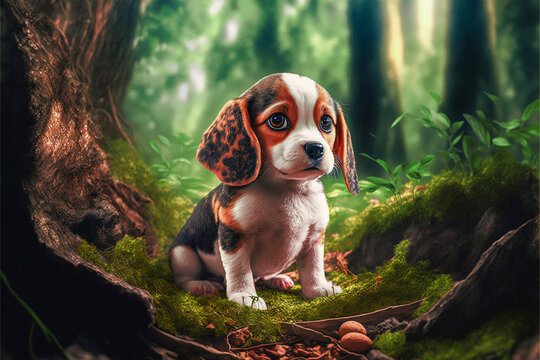 Cute baby Puppy  with beautiful green nature background