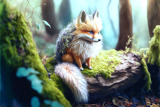 Cute baby Fox  with beautiful green nature background