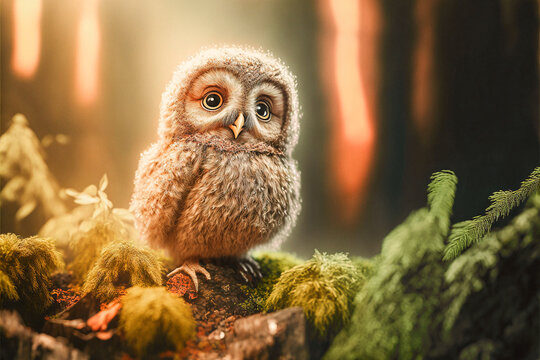 Cute baby horned owl  with beautiful green nature background