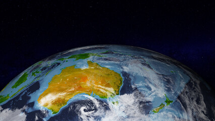Realistic Earth globe zoomed and focused on Australia continent. Day side of Earth illuminated by sunshine and stars of universe on background. Elements of this image furnished by NASA