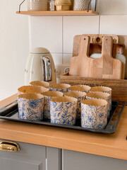 Easter cake table kitchen. Festive background. Home decor. Counter top. Happy easter. Copy space.
