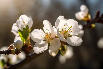 Beautiful branch of blossoming almonds in the sun. Generative Ai