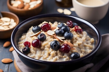 Oatmeal porridge with blueberries, almonds, cinnamon, honey, linseeds and red currants in bowl. Super food for healthy nutritious breakfast. Generative Ai